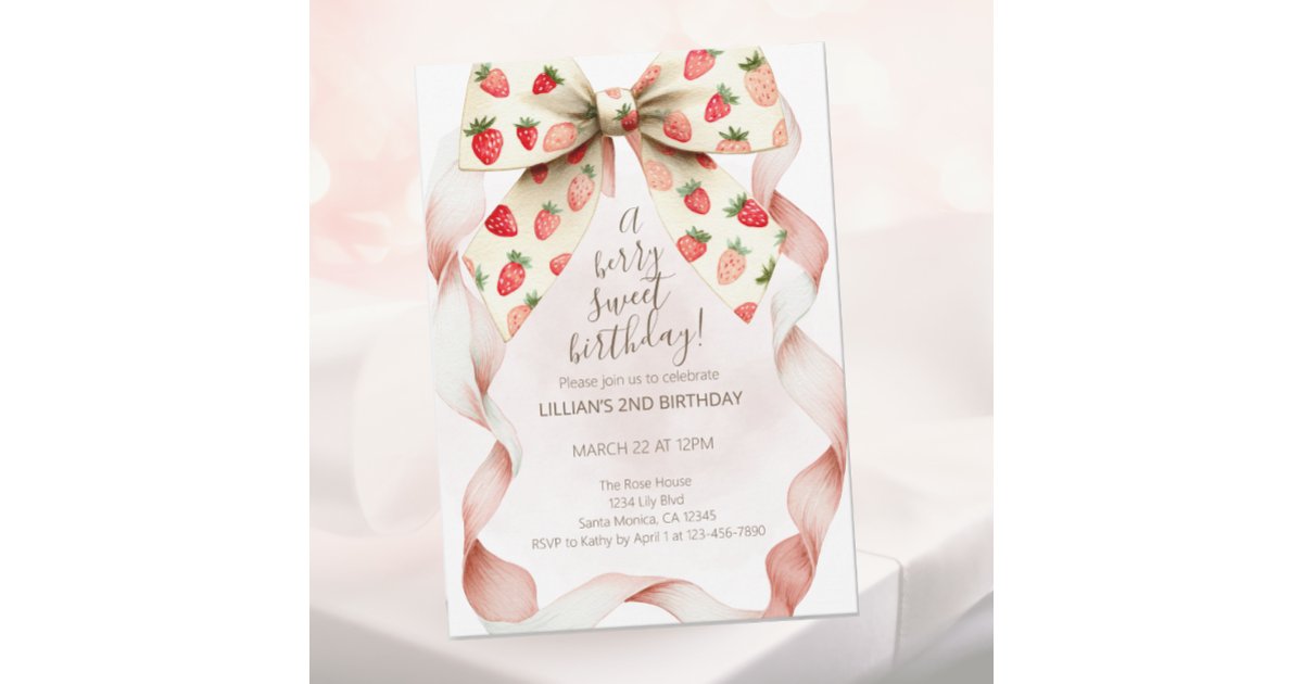 Strawberry Bow Berry Sweet Second Birthday Invitation | Zazzle