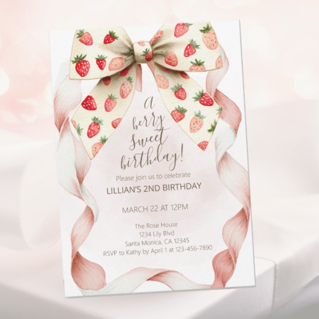 Strawberry Bow Berry Sweet Second Birthday  Invitation (Creator Uploaded)