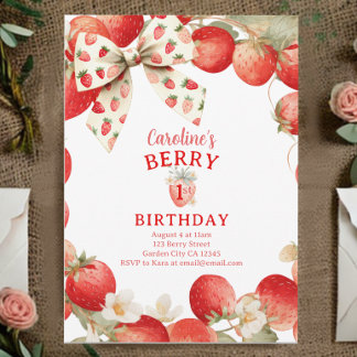 Strawberry Bow Girls Berry First Birthday Invitation