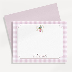Strawberry Bow Pink Gingham Personalized Note Card