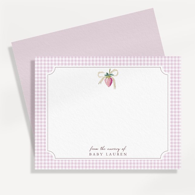 Strawberry Bow Pink Gingham Personalized Note Card (Creator Uploaded)