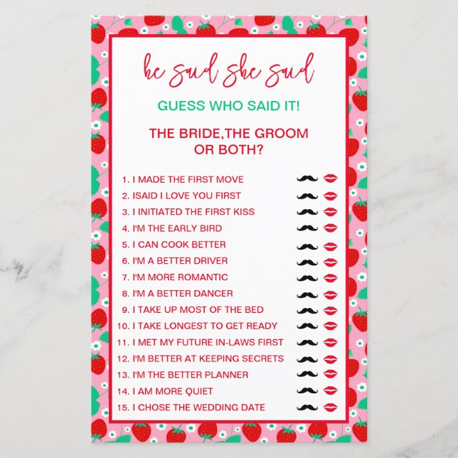 Strawberry Bride or Groom Guess Who Said it Game (Front)