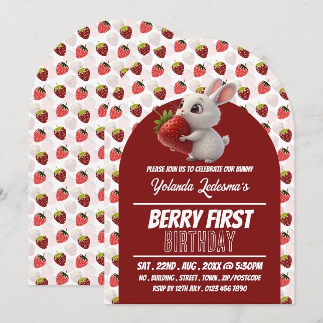 Strawberry Bunny, Berry First Birthday Invitation (Front/Back)