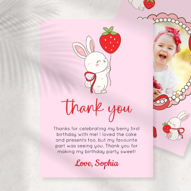 Strawberry Bunny Birthday Photo Thank You Card (Creator Uploaded)