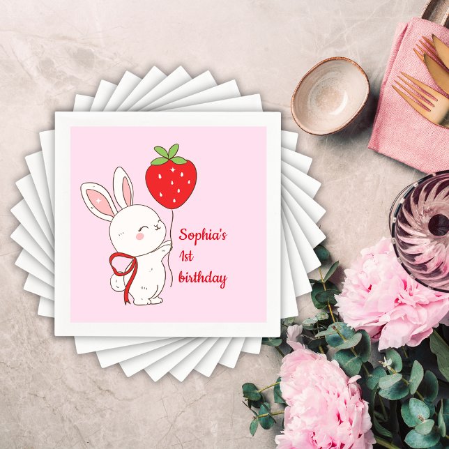 Strawberry Bunny Birthday Pink Napkins (Creator Uploaded)