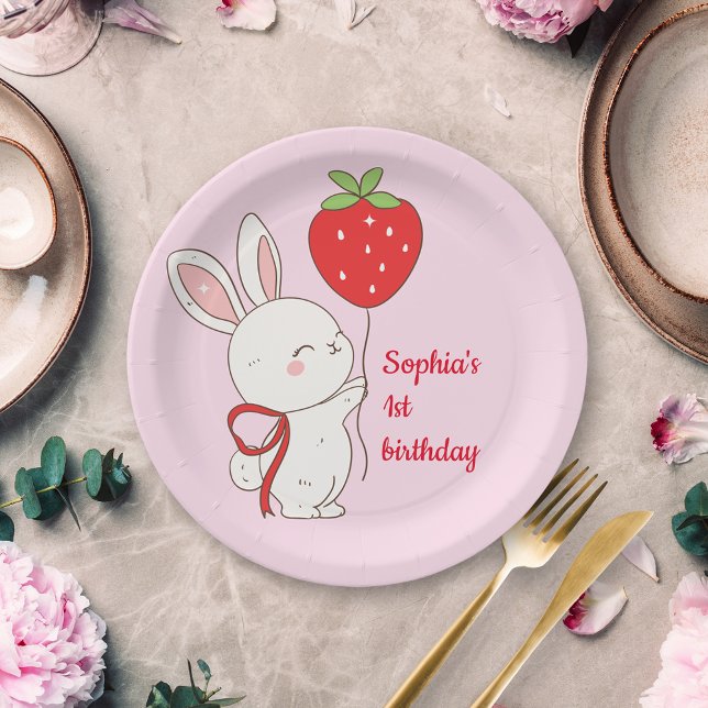 Strawberry Bunny Birthday Pink Paper Plates (Creator Uploaded)