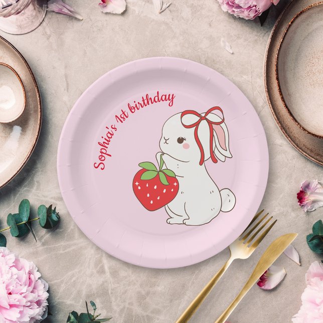 Strawberry Bunny Pink Birthday Paper Plates (Creator Uploaded)