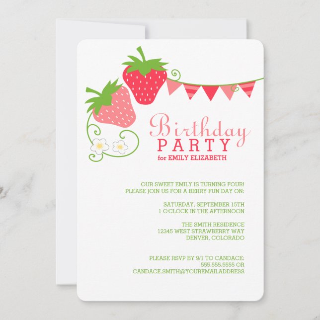 Strawberry Bunting Pink and Green Birthday Invitation (Front)