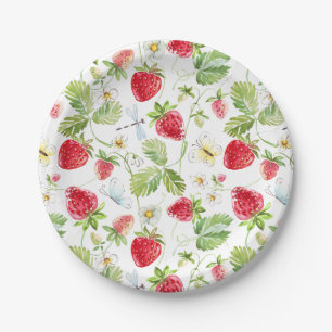 Strawberry Butterfly Dragonfly White Flower Floral Paper Plates