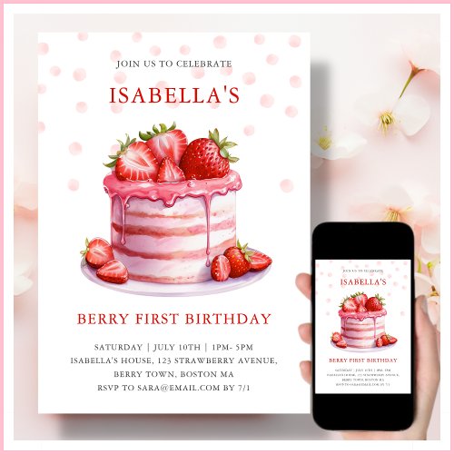 Strawberry Cake  Berry First Birthday Invitation