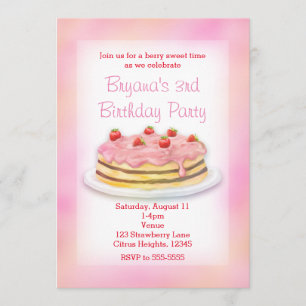 Strawberry Cake Birthday Party Invitations