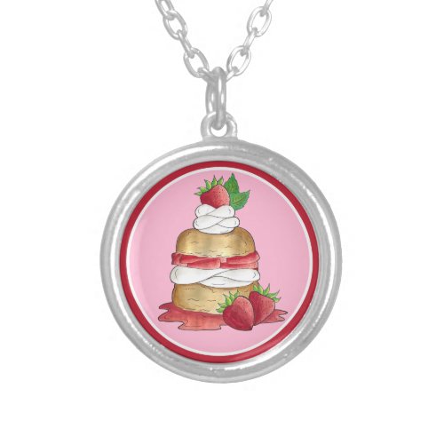 Strawberry Cake Shortcake Bridal Shower Birthday Silver Plated Necklace