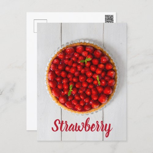 Strawberry cake with mint on white wood holiday postcard