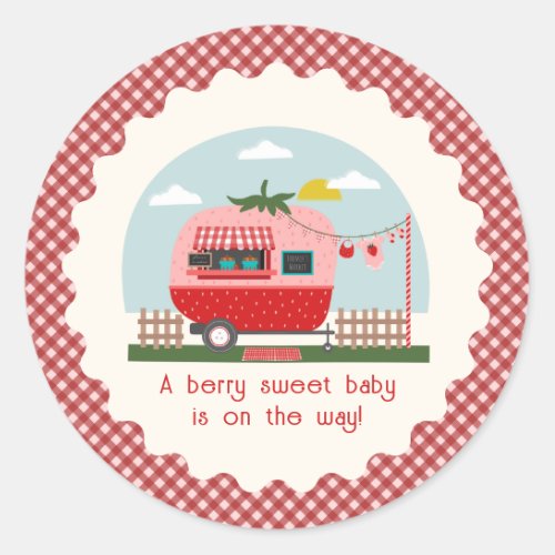 Strawberry Camper Gingham Berry Sweet Baby Shower Classic Round Sticker