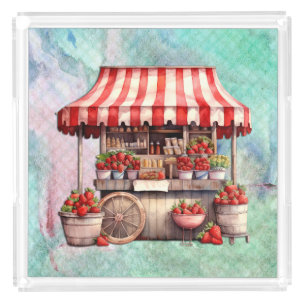 Strawberry Cart Watercolor Acrylic Tray