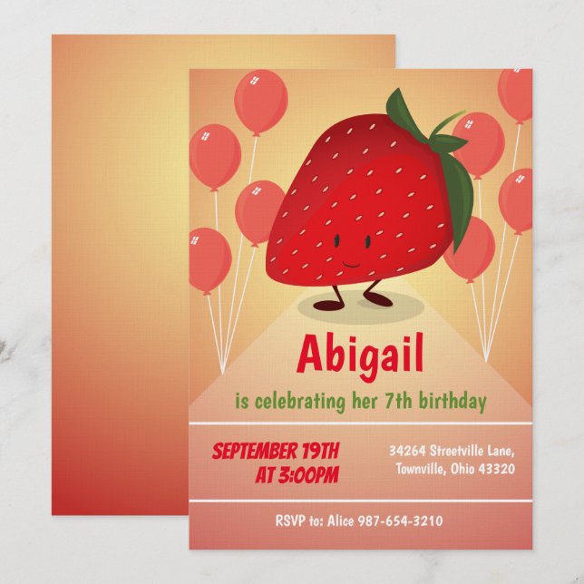 Strawberry Cartoon Birthday Invitation (Front/Back)