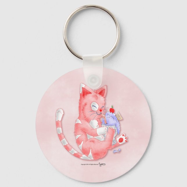Strawberry Cat Drinking Malt Keychain (Front)