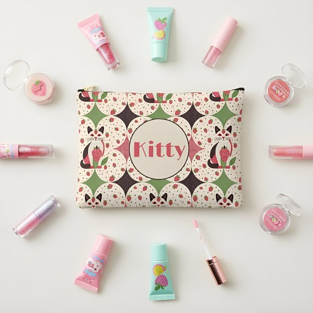 Strawberry Cat Retro Pattern  Accessory Pouch (Creator Uploaded)