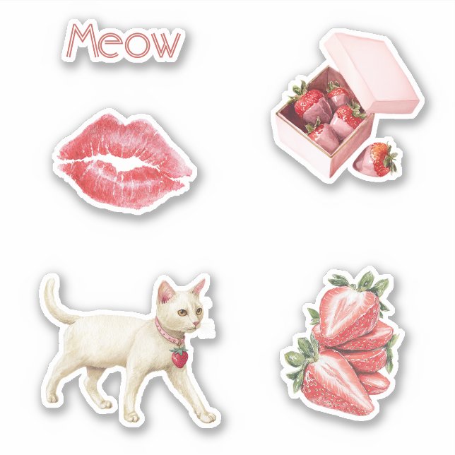 Strawberry Charm White Cat Lips Sticker (Front)