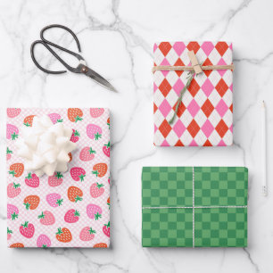 Strawberry Checks & Argyle Christmas Pink Green Wrapping Paper Sheets