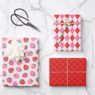 Strawberry Checks & Argyle Christmas Pink Red Wrapping Paper Sheets
