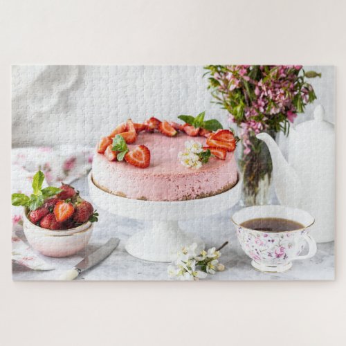 Strawberry Cheesecake Tea Party Flowers Jigsaw Puzzle