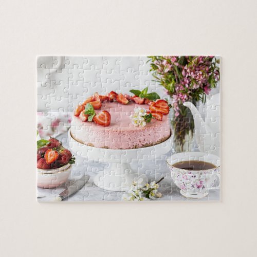 Strawberry Cheesecake Tea Party Flowers Jigsaw Puzzle