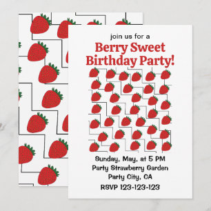 Strawberry Chevron Stripes Berry Sweet Birthday Invitation