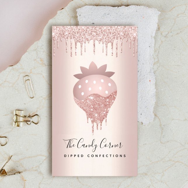 Strawberry Chocolate Confection Rose Gold Drips Business Card (Creator Uploaded)