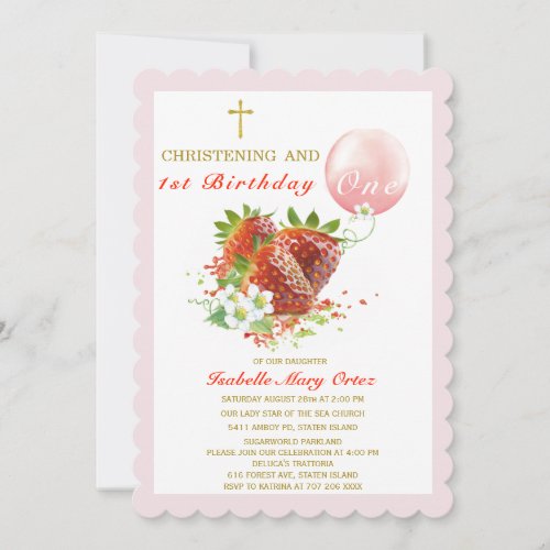 Strawberry Christening and  First Birthday Invitation