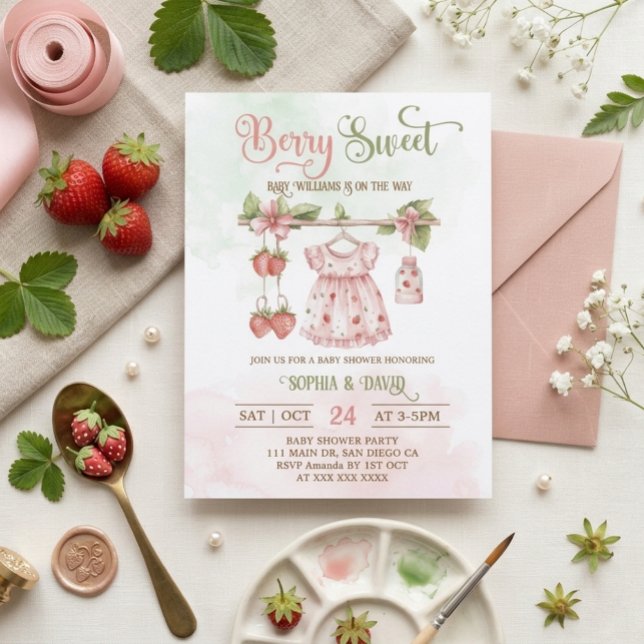 Strawberry Clothesline Girl Baby Shower   Invitation (Creator Uploaded)