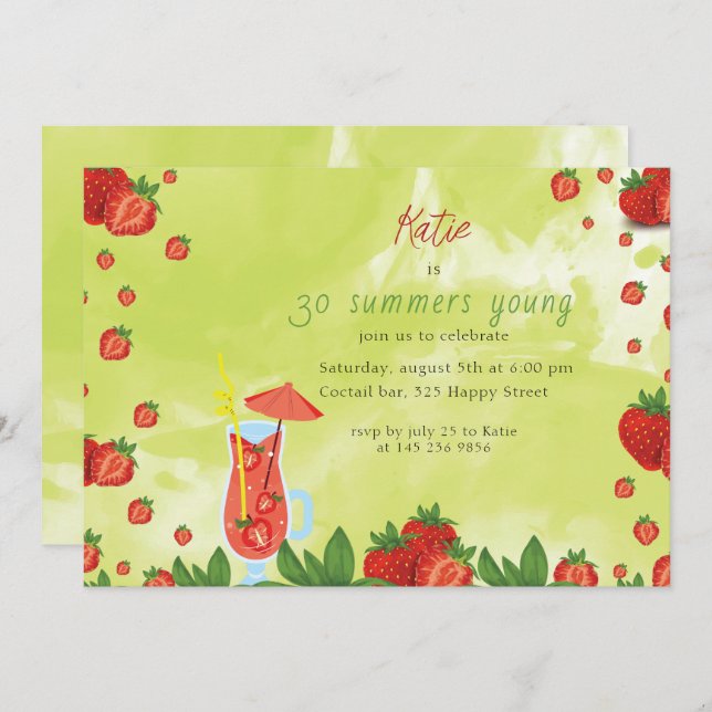 Strawberry Coctail Birthday Invitation (Front/Back)