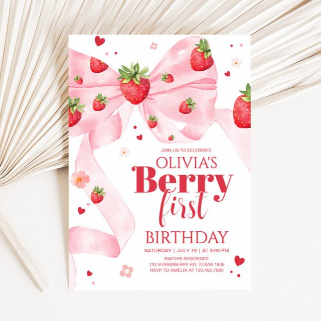 Strawberry Coquette Birthday Party Invitation (Strawberry Coquette Berry First Birthday Party Invitation)