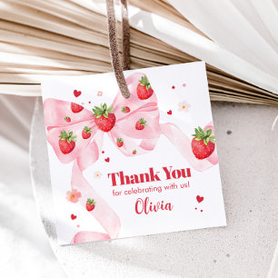 Strawberry Coquette Birthday Party Square Favor Tags