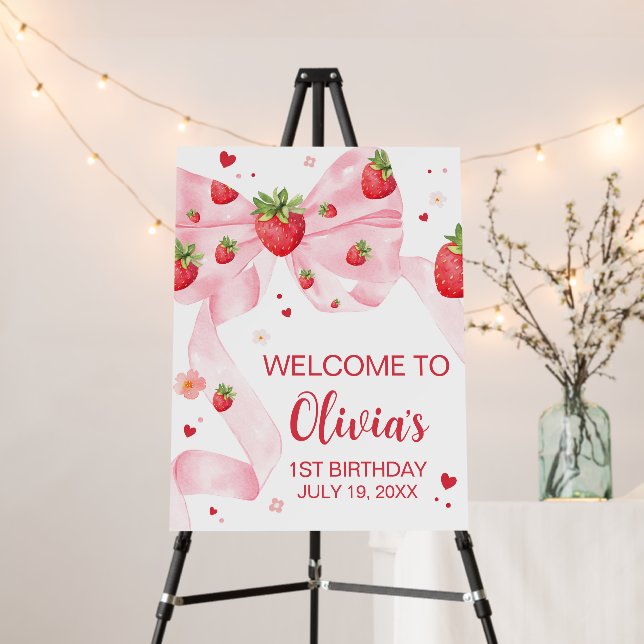 Strawberry Coquette Birthday Party Welcome Sign (In Situ (Stand))