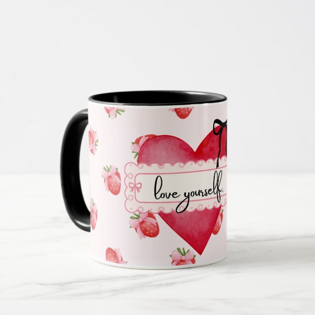 Strawberry Coquette Love Yourself Positivity Mug (Front Left)