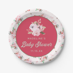 Strawberry Coral Pink & Green Floral Baby Shower Paper Plates