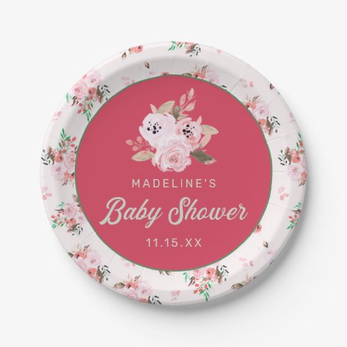 Strawberry Coral Pink  Green Floral Baby Shower Paper Plates