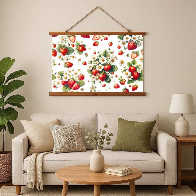 Strawberry Cottage Botanical Wood Frame Tapestry (Strawberry Cottagecore Botanical Wood Frame Tapestry)