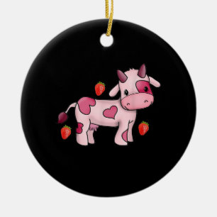 Strawberry Cow Cute Pink Cow Ceramic Ornament