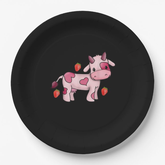 Strawberry Cow Cute Pink Cow Paper Plates (Front)