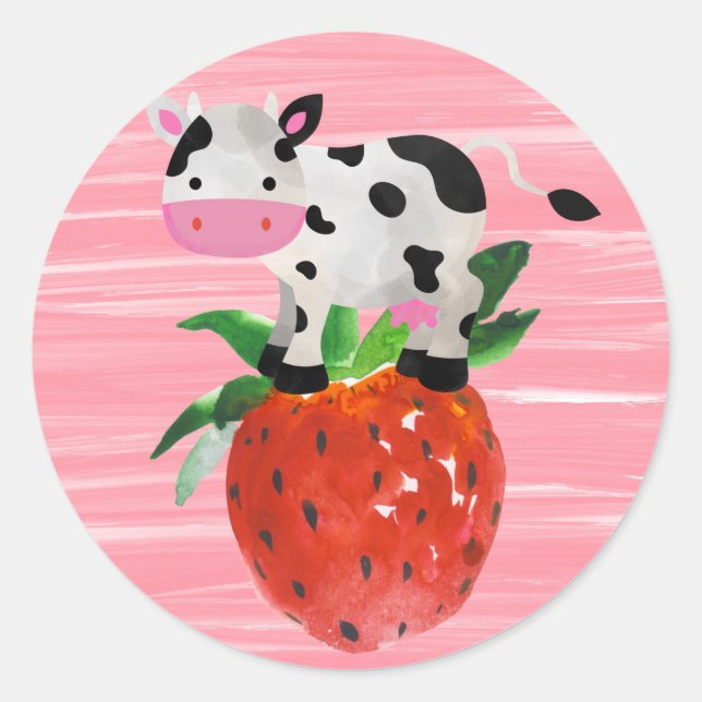 Strawberry Cow Cute Watercolor Classic Round Sticker (Front)