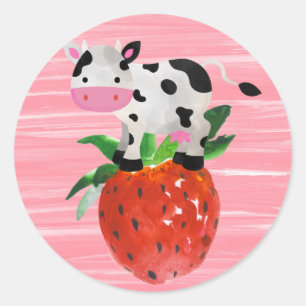 Strawberry Cow Cute Watercolor Classic Round Sticker
