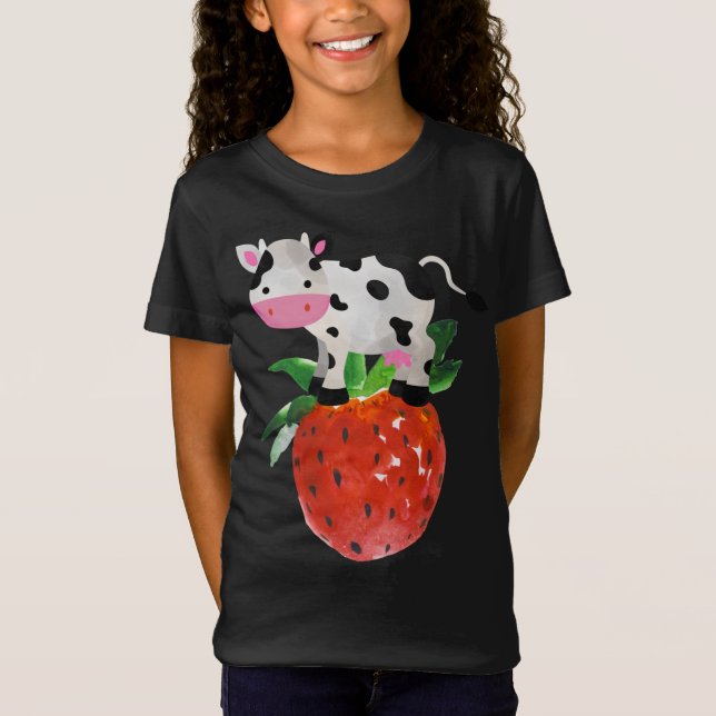 Strawberry Cowprint Cute Pink Watercolor Cow Vacas T-Shirt (Front)