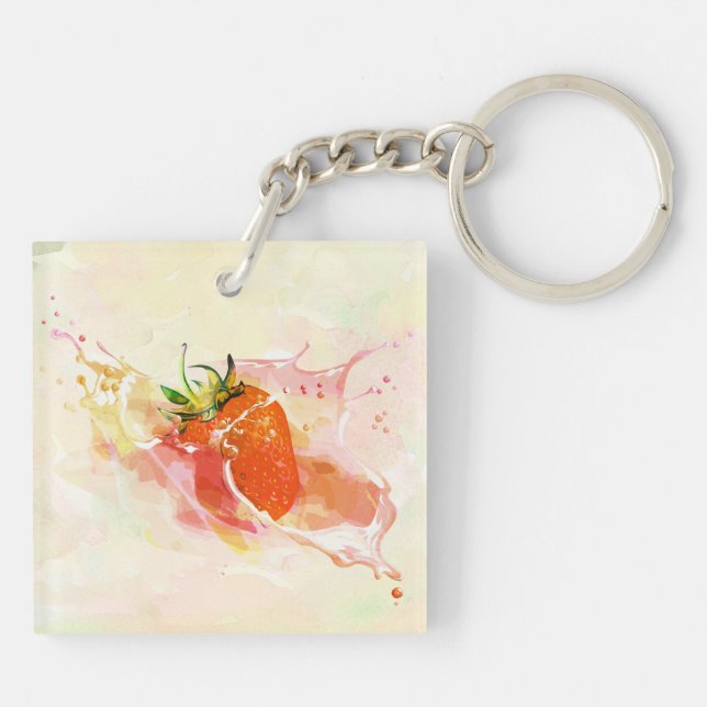 Strawberry Cream Splash! Watercolor Keychain (Back)