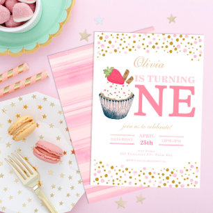 Strawberry Cupcake 1st Birthday Invitation – Sweet