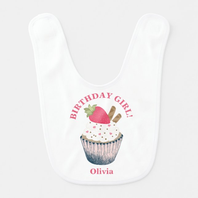 Strawberry Cupcake Birthday Bib – Sweet Pink 1st B (Front)