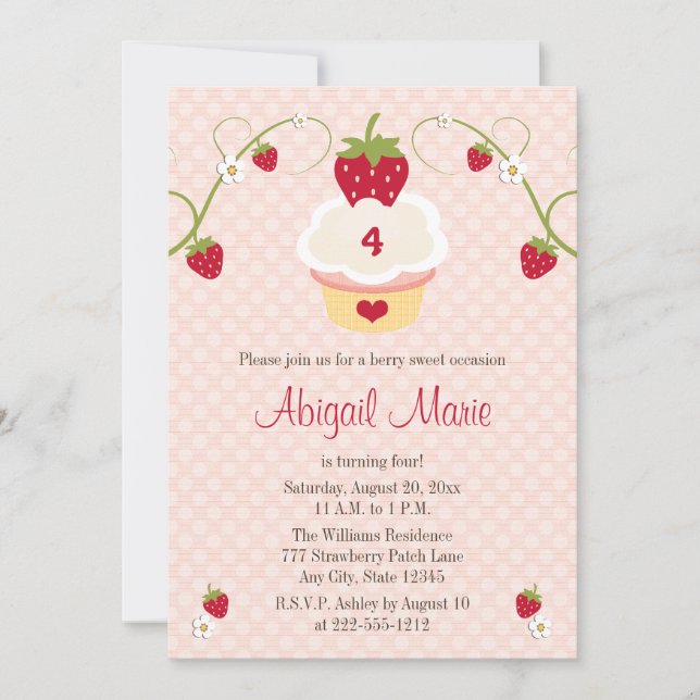 Strawberry Cupcake Birthday Invitation Any Age (Front)