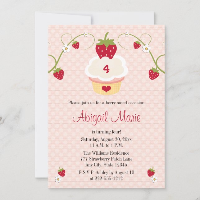 Strawberry Cupcake Birthday Invitation Any Age (Front)