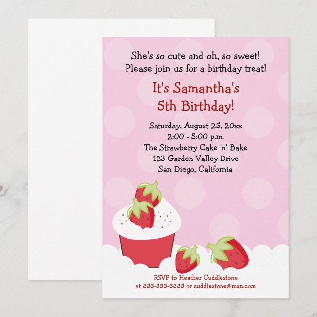 Strawberry Cupcake Birthday Party 5x7 Invitation (Front/Back)